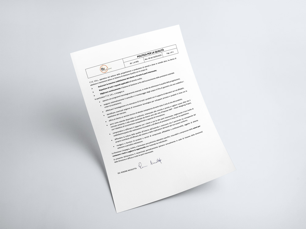 Certificato Politica per la Qualità TTE